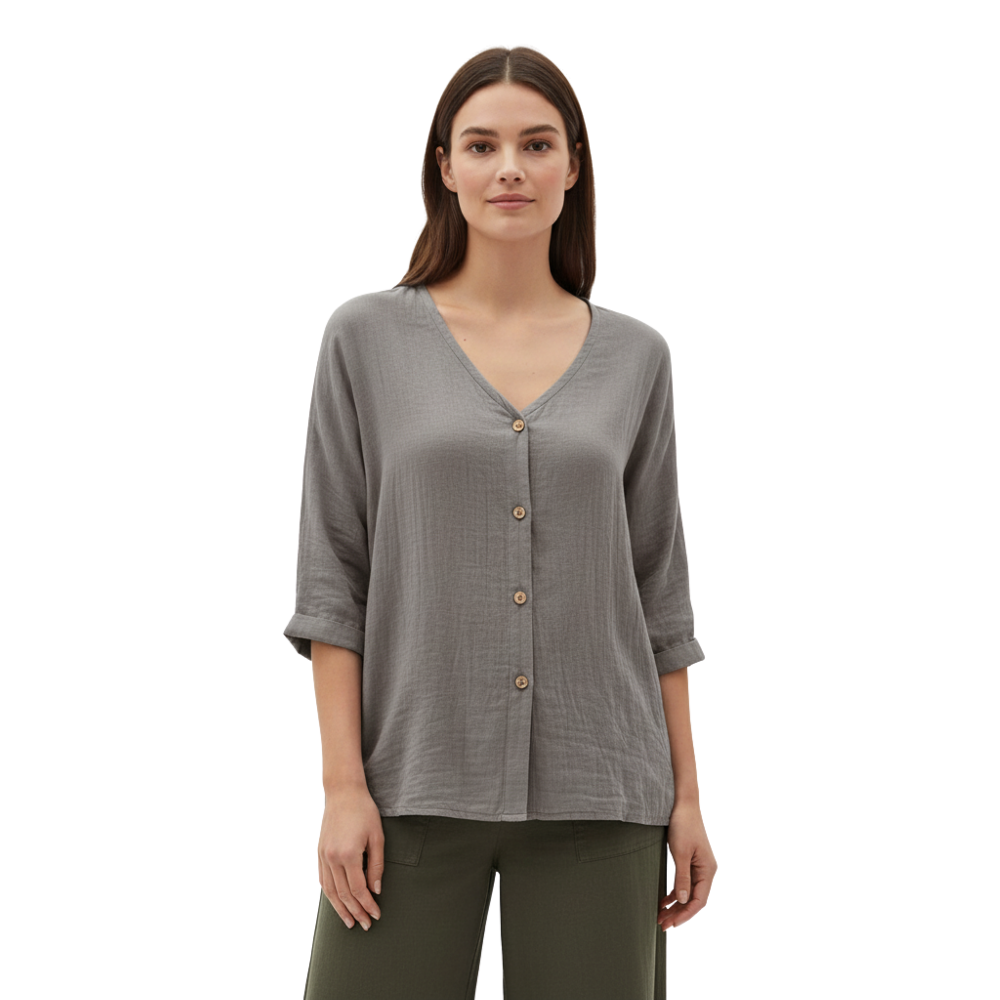 Women's V-Neck Button Blouse | Linen Cotton 3/4 Sleeve Top