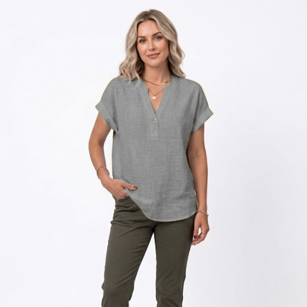 Women's V-Neck Cotton Linen Blouse | Short Sleeve Summer Top