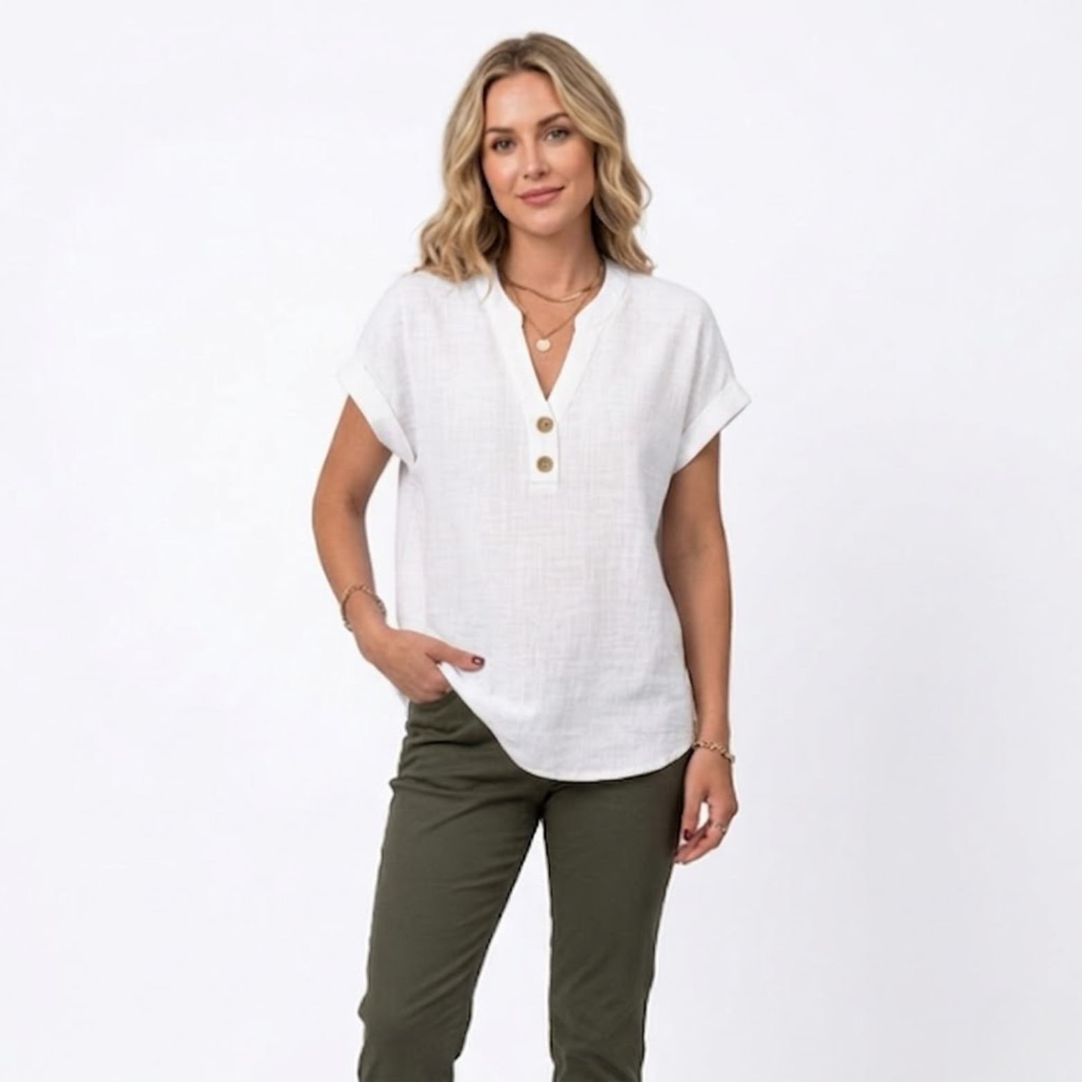Women's V-Neck Cotton Linen Blouse | Short Sleeve Summer Top