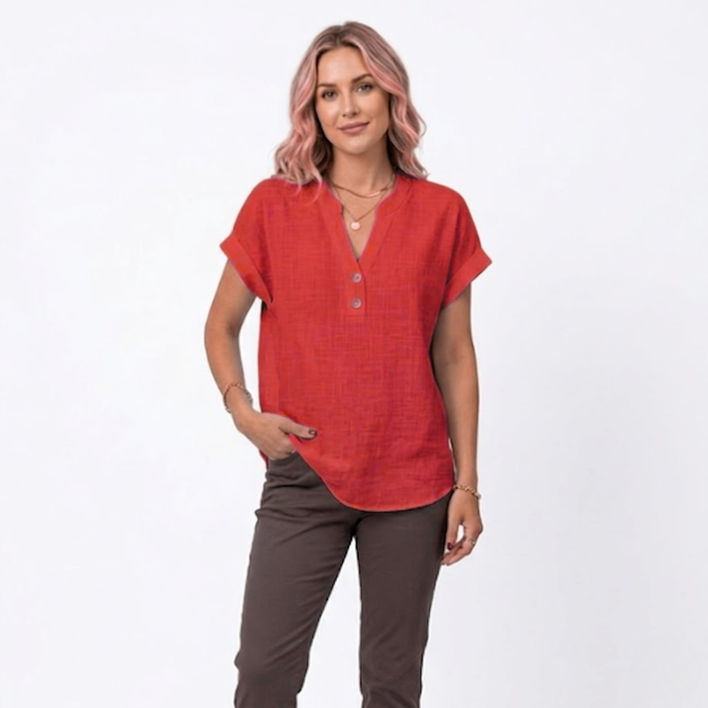 Women's V-Neck Cotton Linen Blouse | Short Sleeve Summer Top