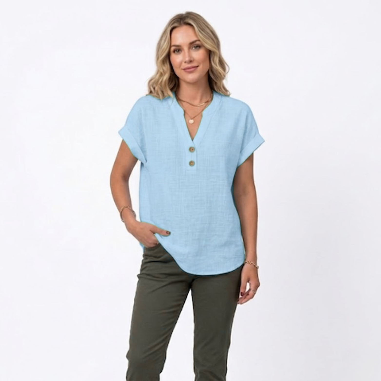 Women's V-Neck Cotton Linen Blouse | Short Sleeve Summer Top