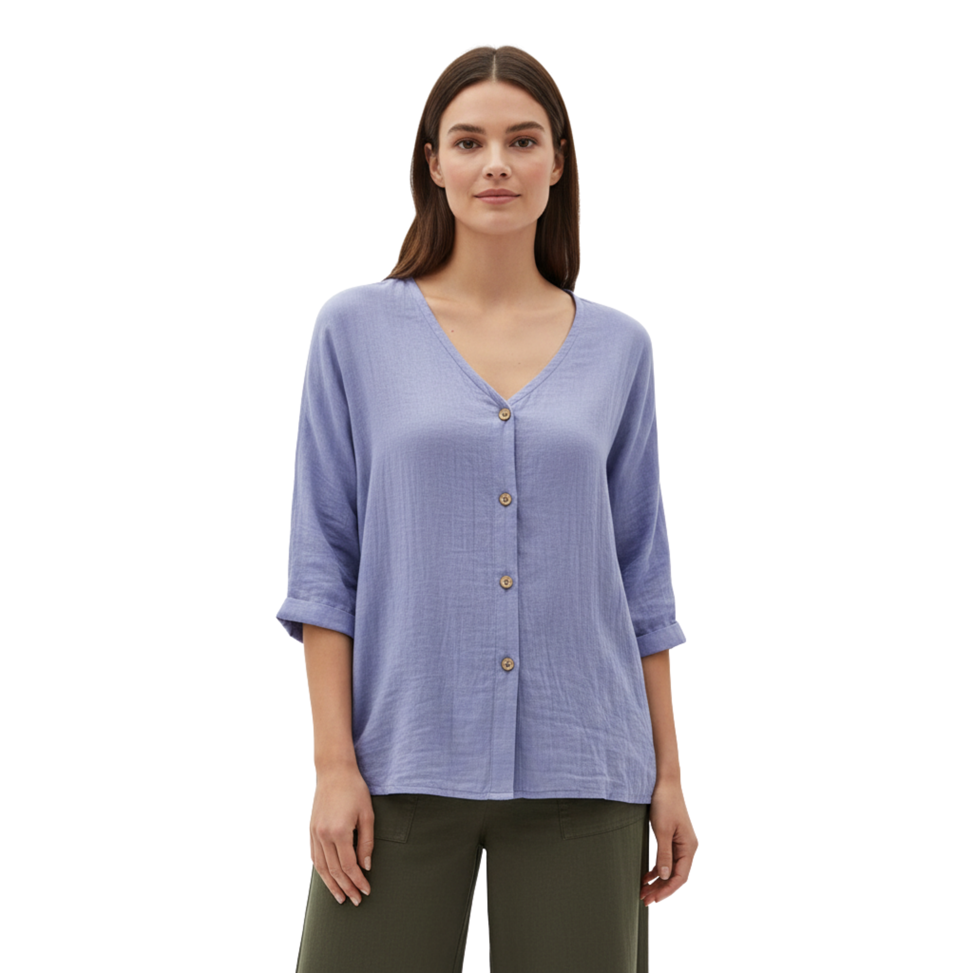 Women's V-Neck Button Blouse | Linen Cotton 3/4 Sleeve Top