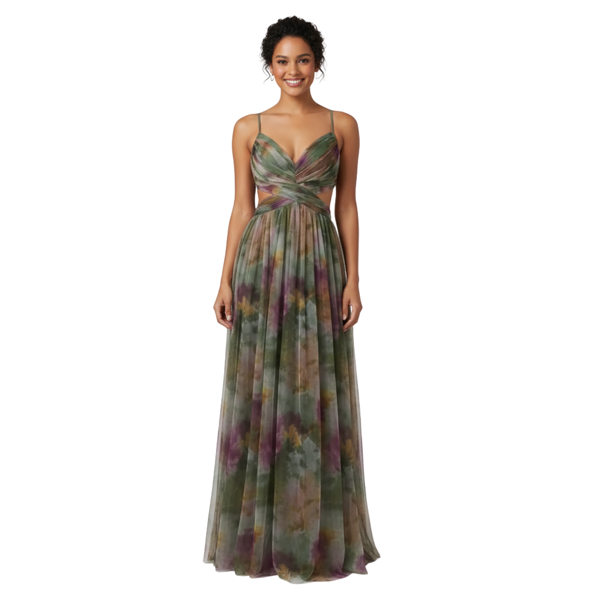 Women's V-Neck Twist Maxi Dress - Sleeveless Watercolor Print Evening Gown