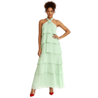 Women's Tiered Halter Maxi Dress Chiffon Ruffle Layered Sleeveless Backless Evening Gown