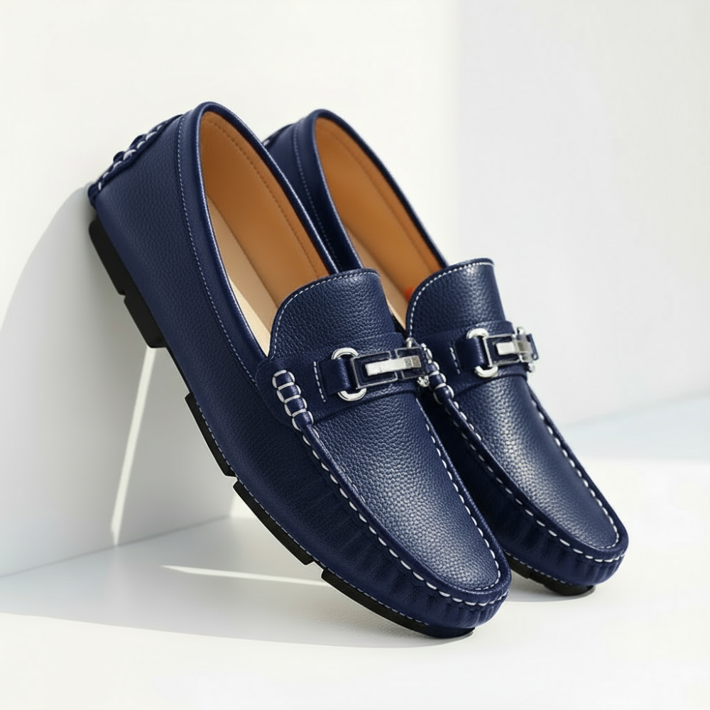 Men's Genuine Leather Loafers - Metal Clasp Slip Ons