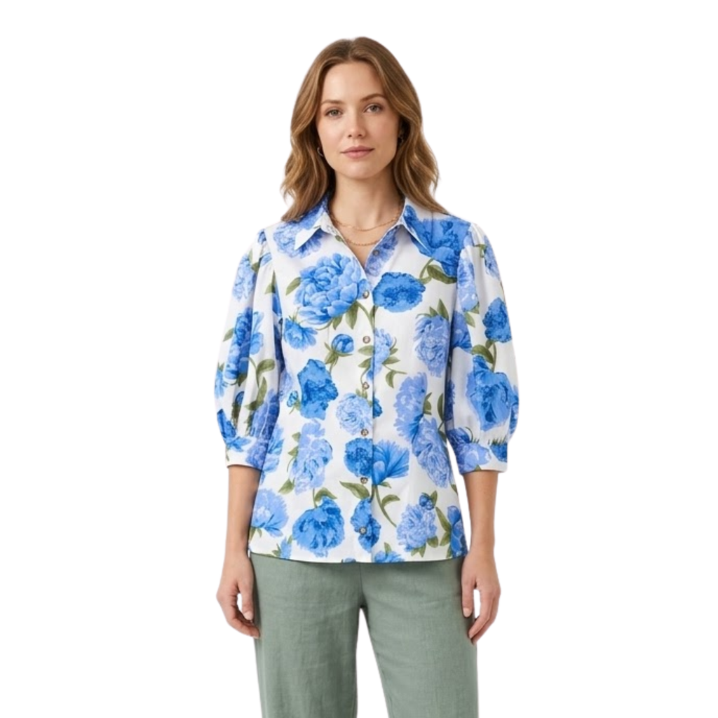 Women's Floral Poplin Shirt | Puff Sleeve Lapel Collar Blouse