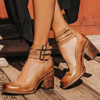 Women's Heeled Ankle Boots - Leather Zip Booties