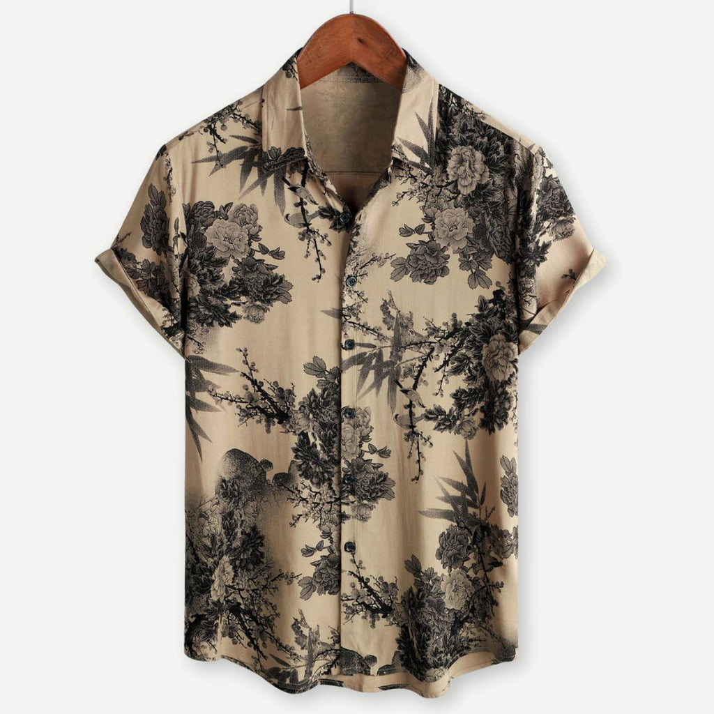 Men's Floral Shirt - Beige Botanical Print Short Sleeve