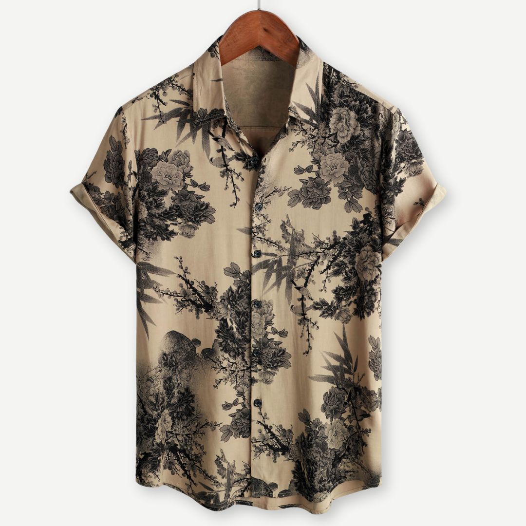Men's Floral Shirt - Beige Botanical Print Short Sleeve