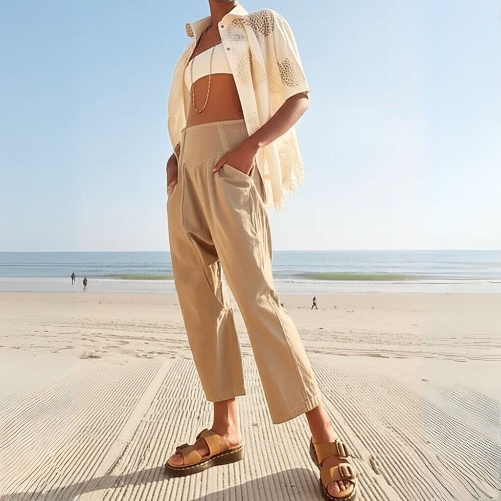 Women's Relaxed Linen Pants - Cropped Wide Leg Trousers