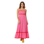 Women's Cotton Linen A-Line Sundress Ric-Rac Trim Strapless One Shoulder Maxi Dress