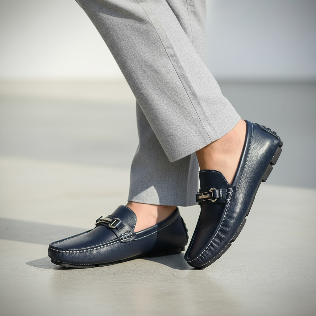 Men's Genuine Leather Loafers - Metal Clasp Slip Ons