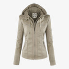 Women's Hooded Faux Leather Jacket with Zip Pockets