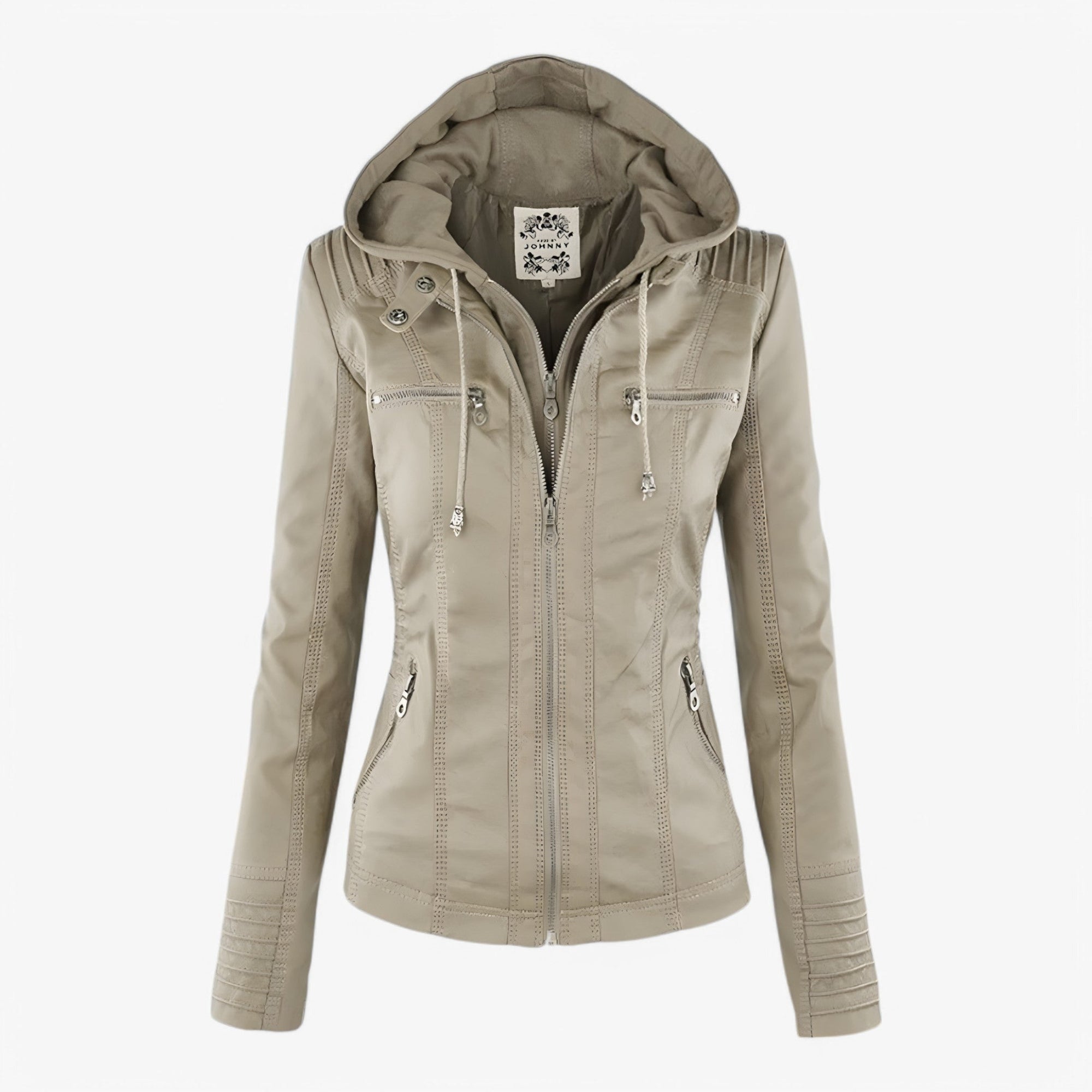 Women's Hooded Faux Leather Jacket with Zip Pockets