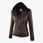 Women's Hooded Faux Leather Jacket with Zip Pockets