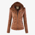Women's Hooded Faux Leather Jacket with Zip Pockets