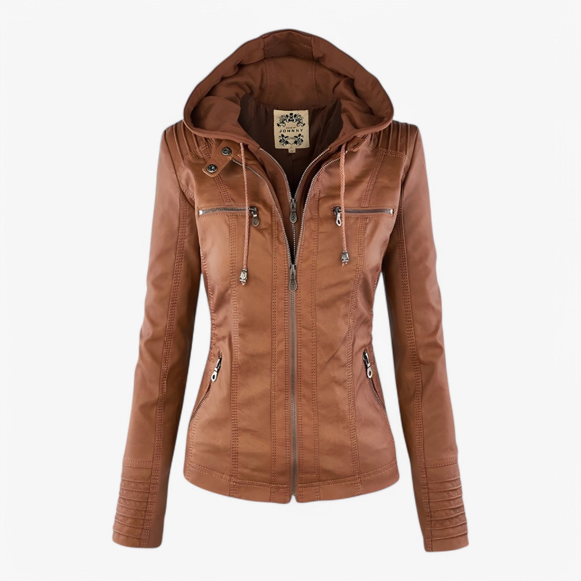 Women's Hooded Faux Leather Jacket with Zip Pockets
