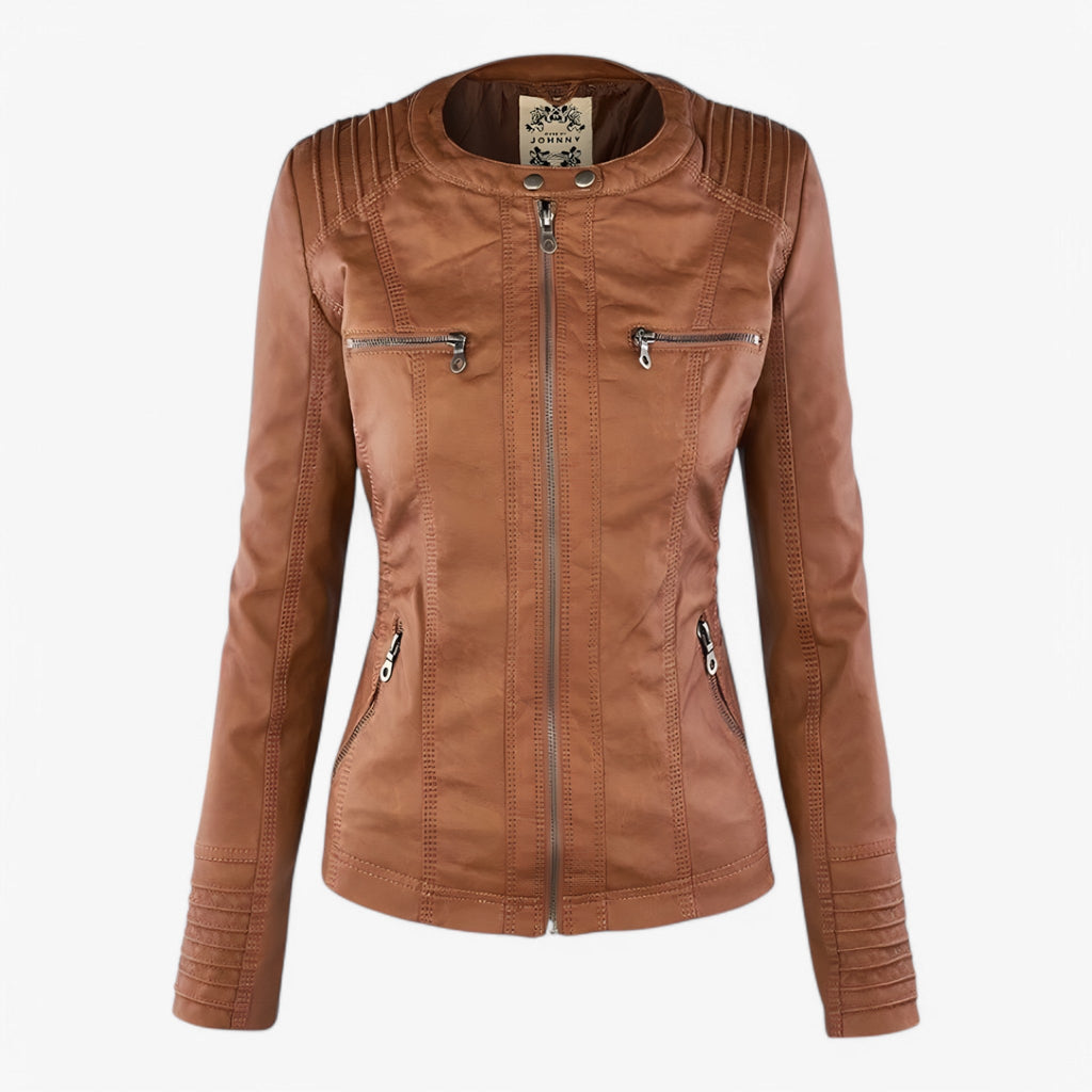 Women's Hooded Faux Leather Jacket with Zip Pockets