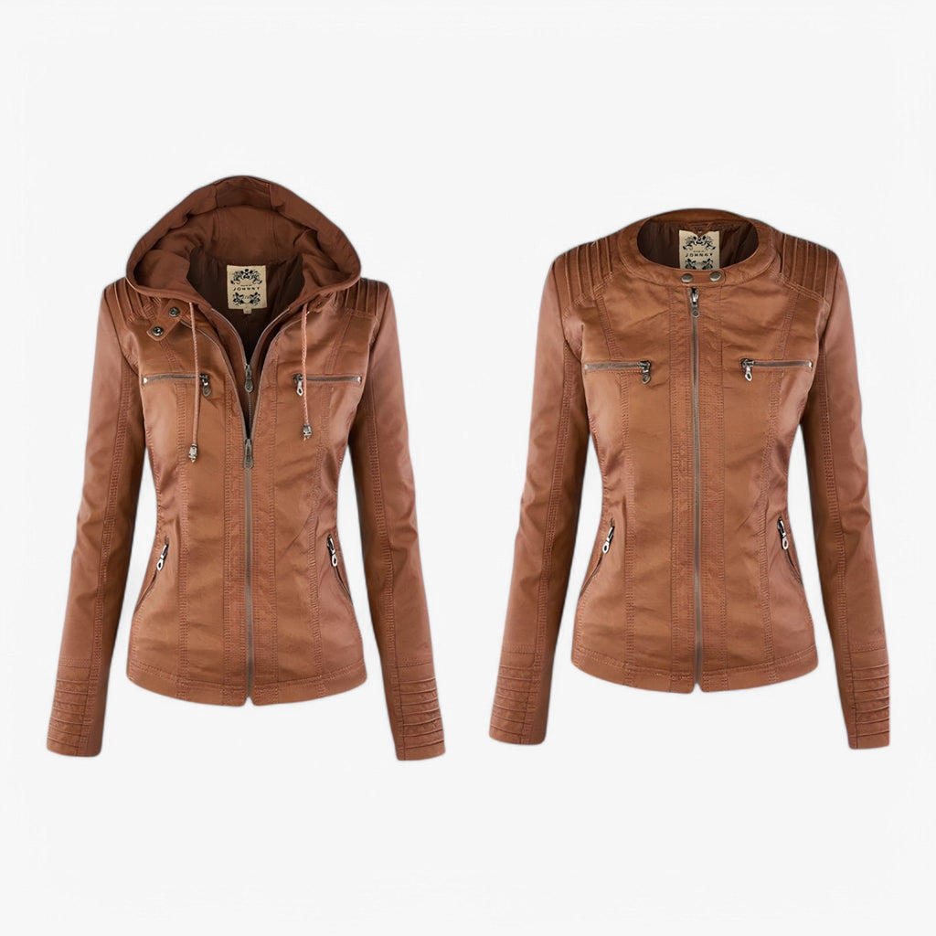 Women's Hooded Faux Leather Jacket with Zip Pockets