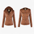 Women's Hooded Faux Leather Jacket with Zip Pockets