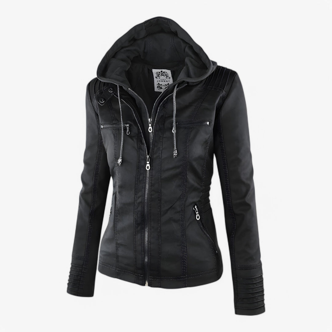 Women hooded faux leather jacket