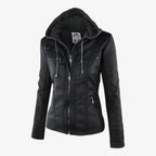 Women's Hooded Faux Leather Jacket with Zip Pockets