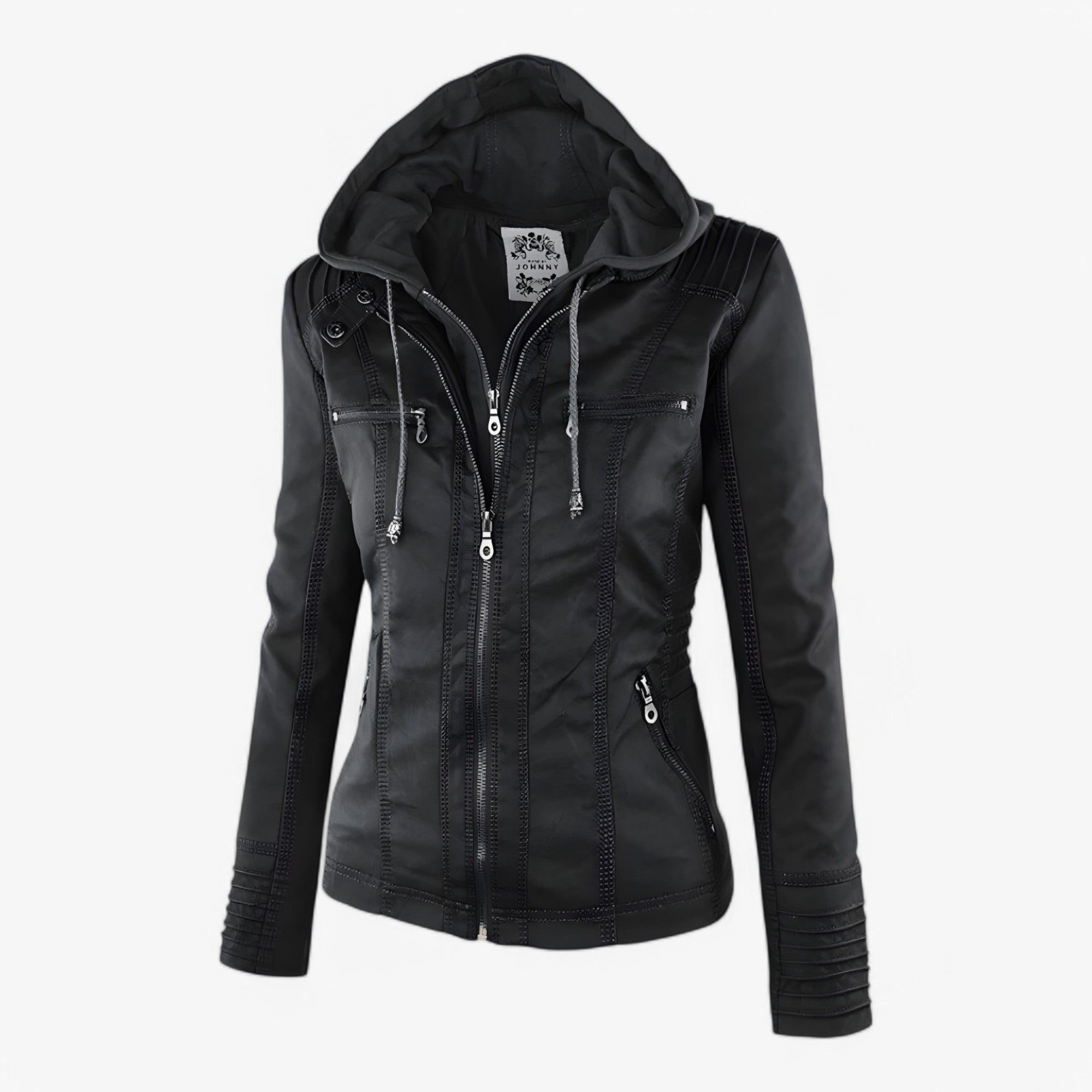 Women's Hooded Faux Leather Jacket with Zip Pockets