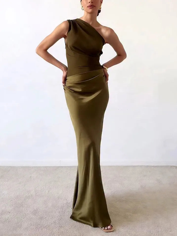 Women's One Shoulder Dress - Pleated Party Gown