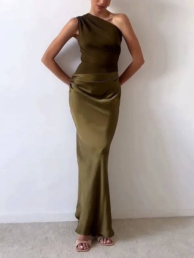 Women's One Shoulder Dress - Pleated Party Gown