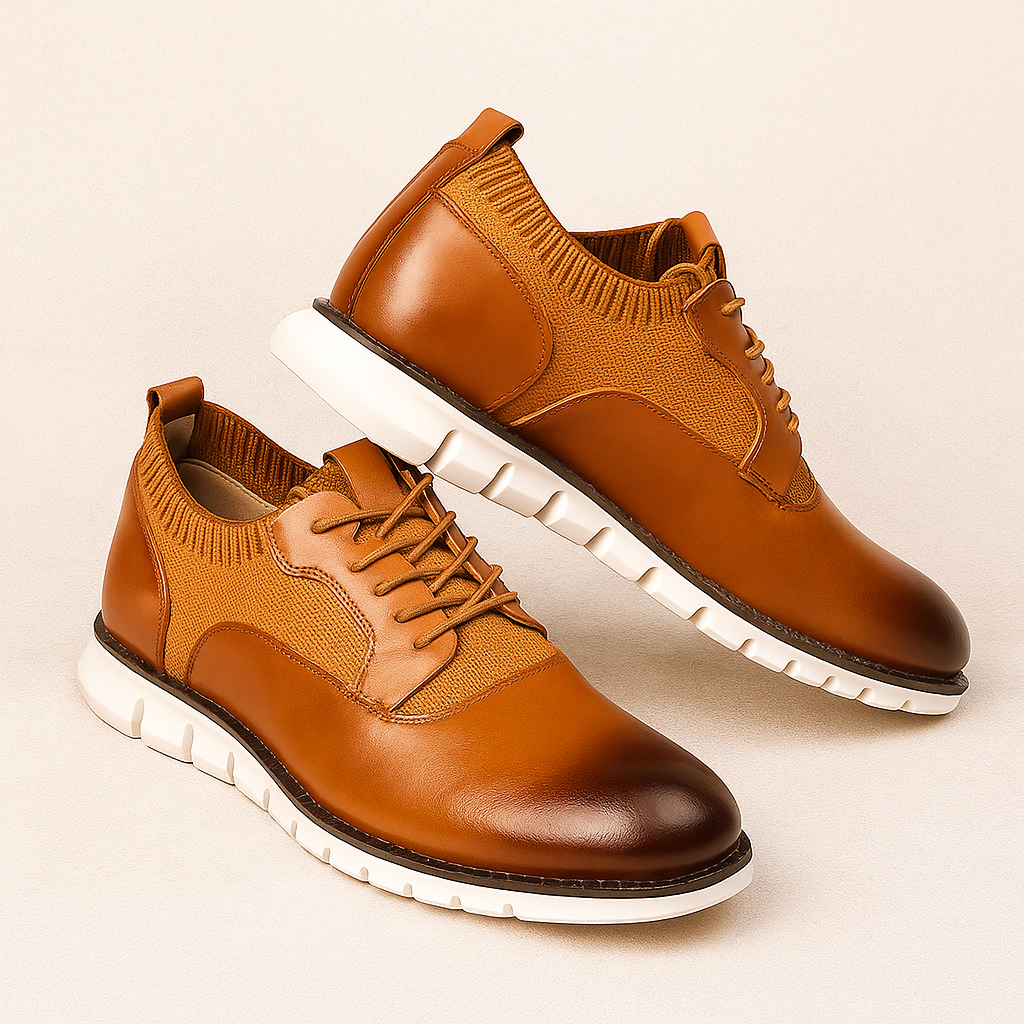 Men's Leather Casual Shoes - Lace Up Handstitched Trainers