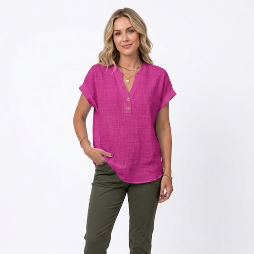 Women's V-Neck Cotton Linen Blouse | Short Sleeve Summer Top