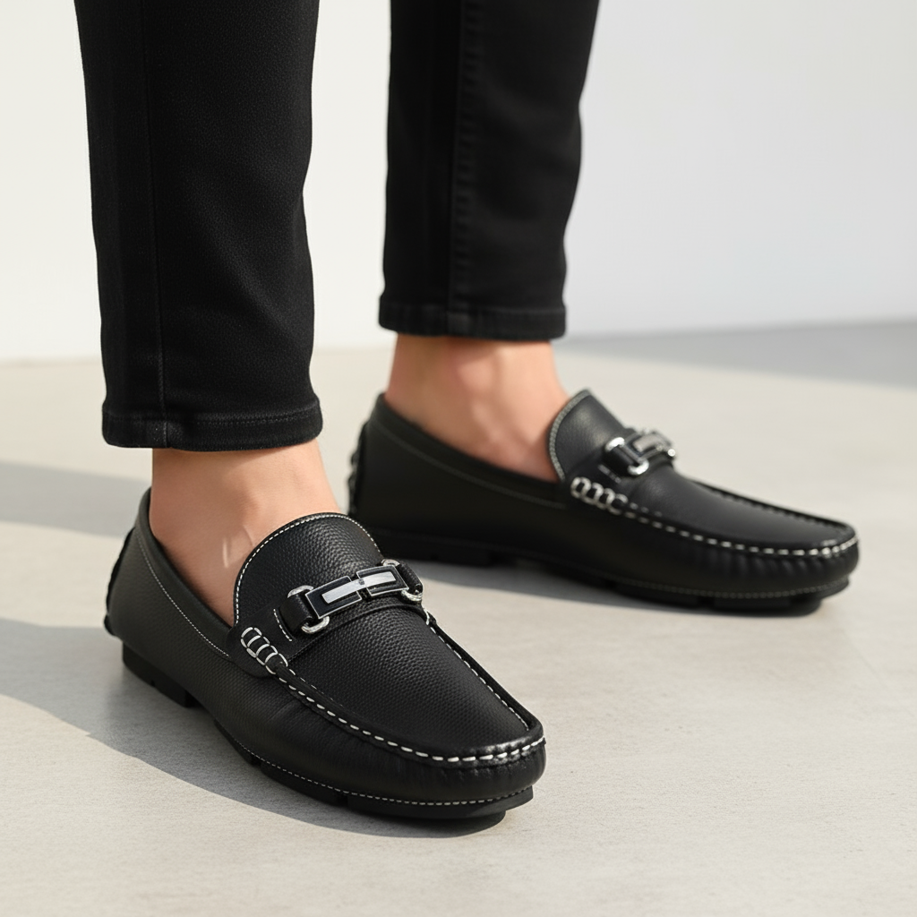 Men's Genuine Leather Loafers - Metal Clasp Slip Ons