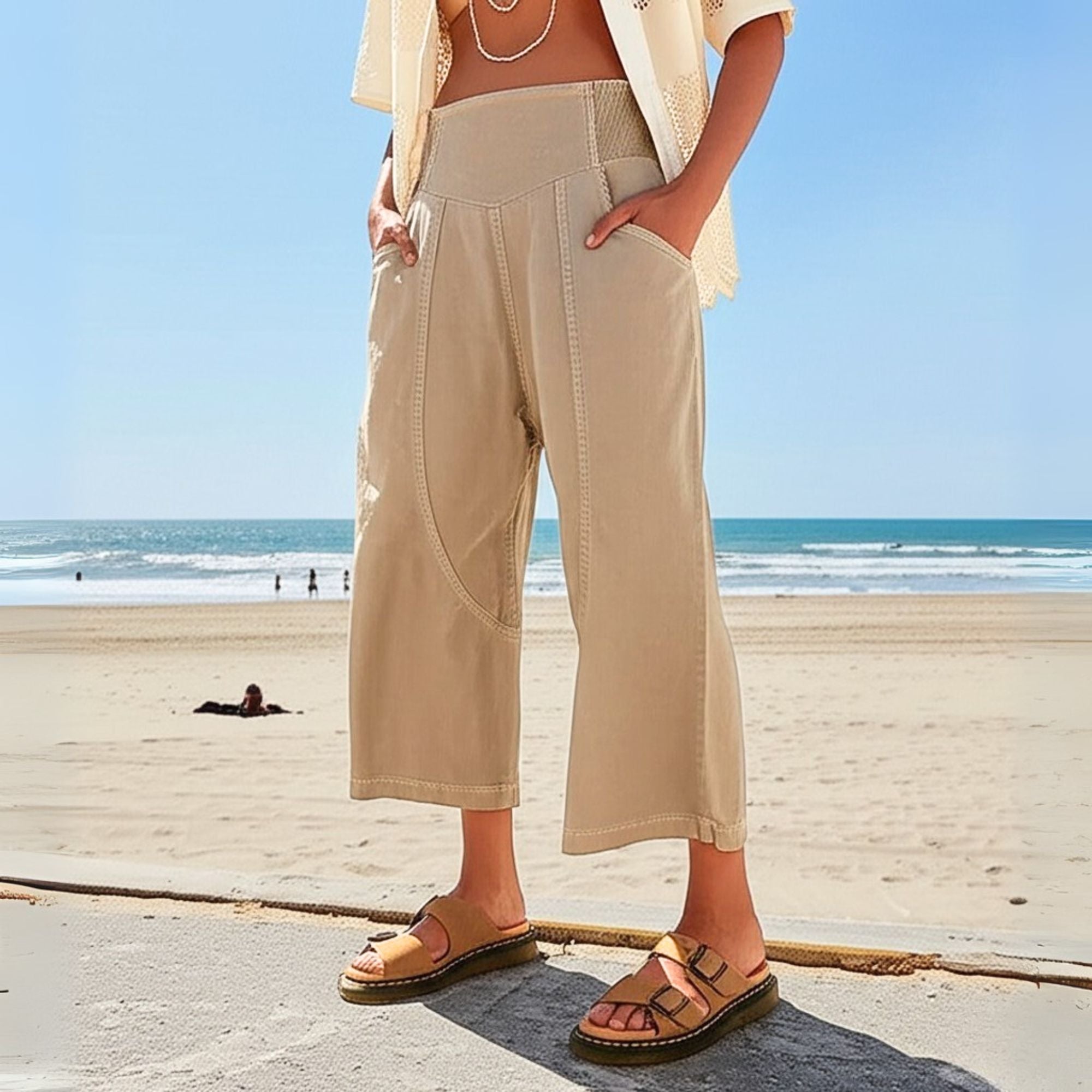 Women's Relaxed Linen Pants - Cropped Wide Leg Trousers