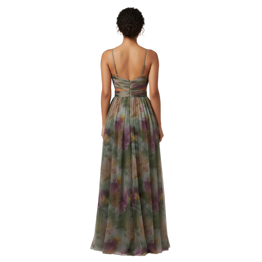 Women's V-Neck Twist Maxi Dress - Sleeveless Watercolor Print Evening Gown