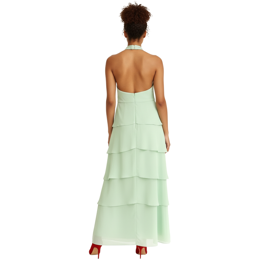 Women's Tiered Halter Maxi Dress Chiffon Ruffle Layered Sleeveless Backless Evening Gown