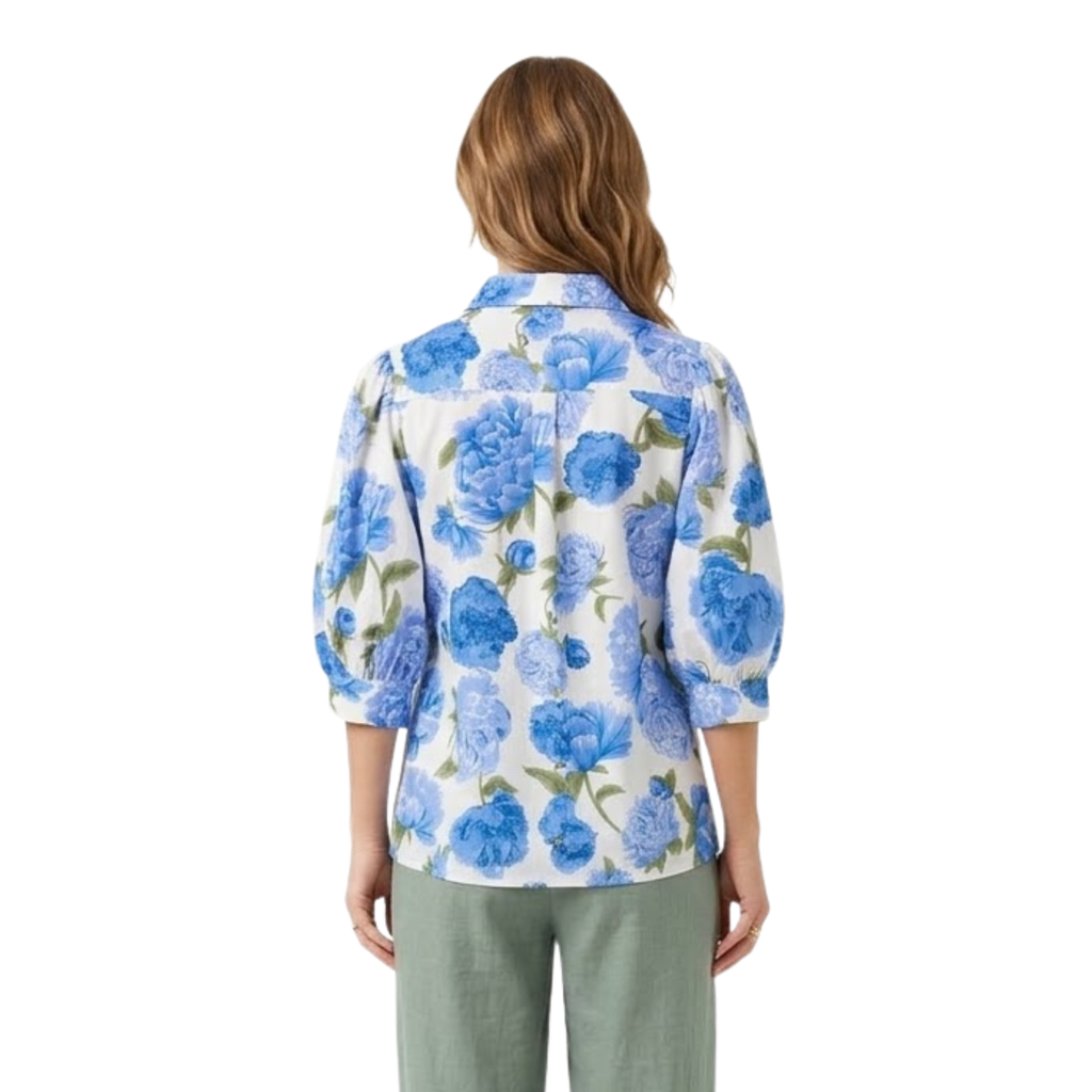 Women's Floral Poplin Shirt | Puff Sleeve Lapel Collar Blouse