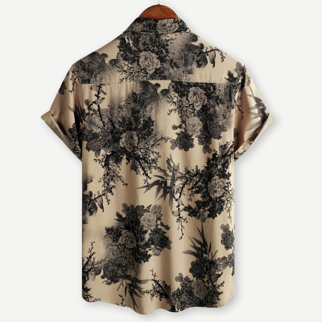 Men's Floral Shirt - Beige Botanical Print Short Sleeve