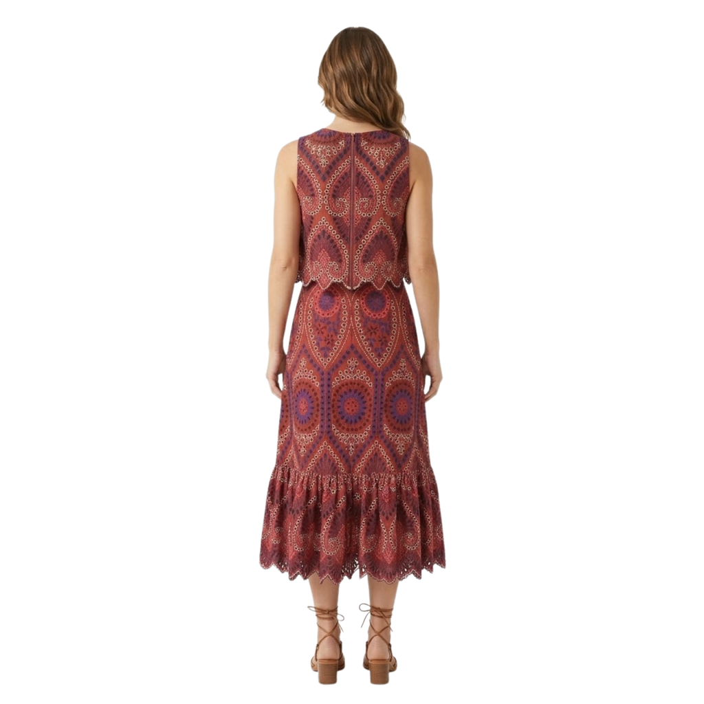Women's Two-Piece Set | Sleeveless Top and Embroidered Midi Skirt