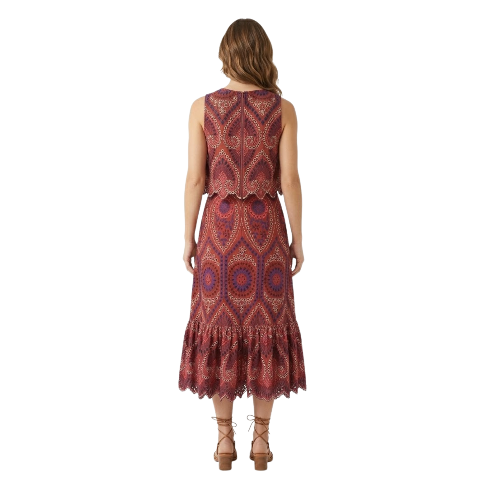 Women's Two-Piece Set | Sleeveless Top and Embroidered Midi Skirt