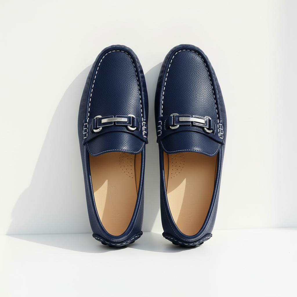 Men's Genuine Leather Loafers - Metal Clasp Slip Ons