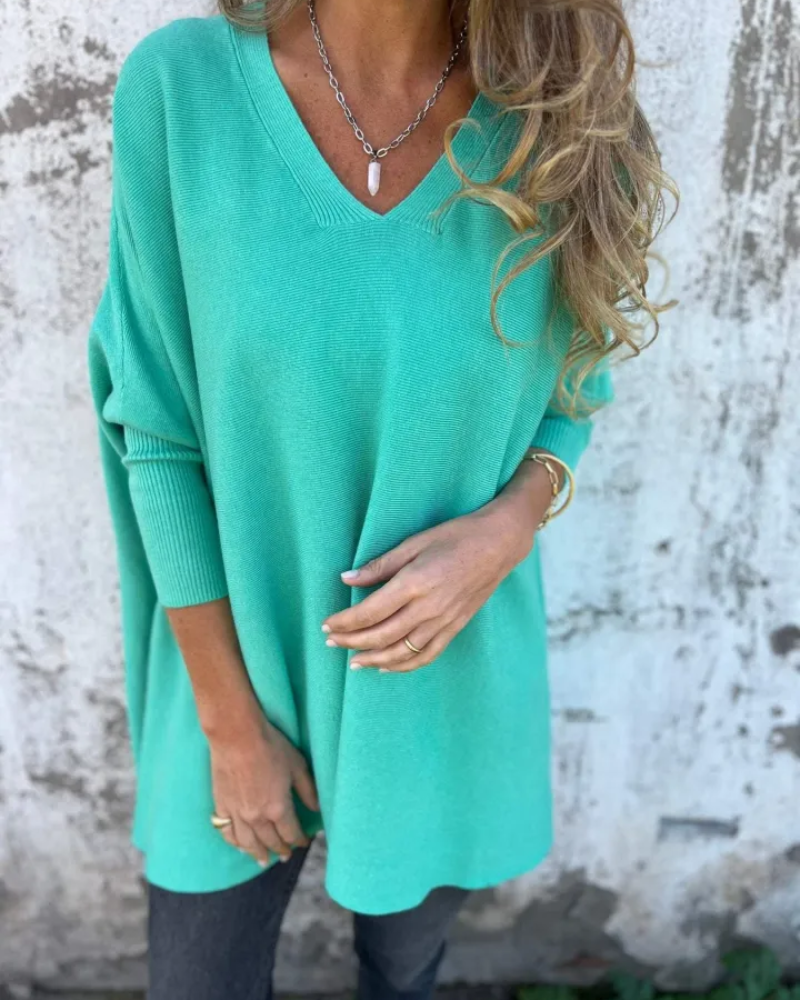 Women's V-Neck Knit Sweater - Casual Pullover Top