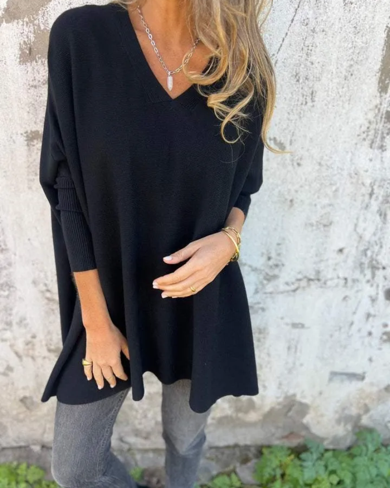 Women's V-Neck Knit Sweater - Casual Pullover Top