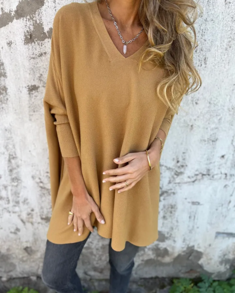 Women's V-Neck Knit Sweater - Casual Pullover Top