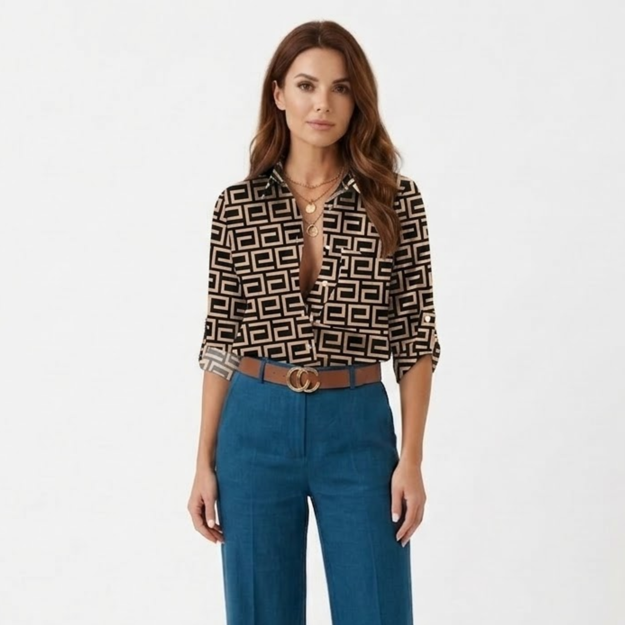 Women's Long Sleeve Graphic Print Blouse | Turn-Down Collar Shirt