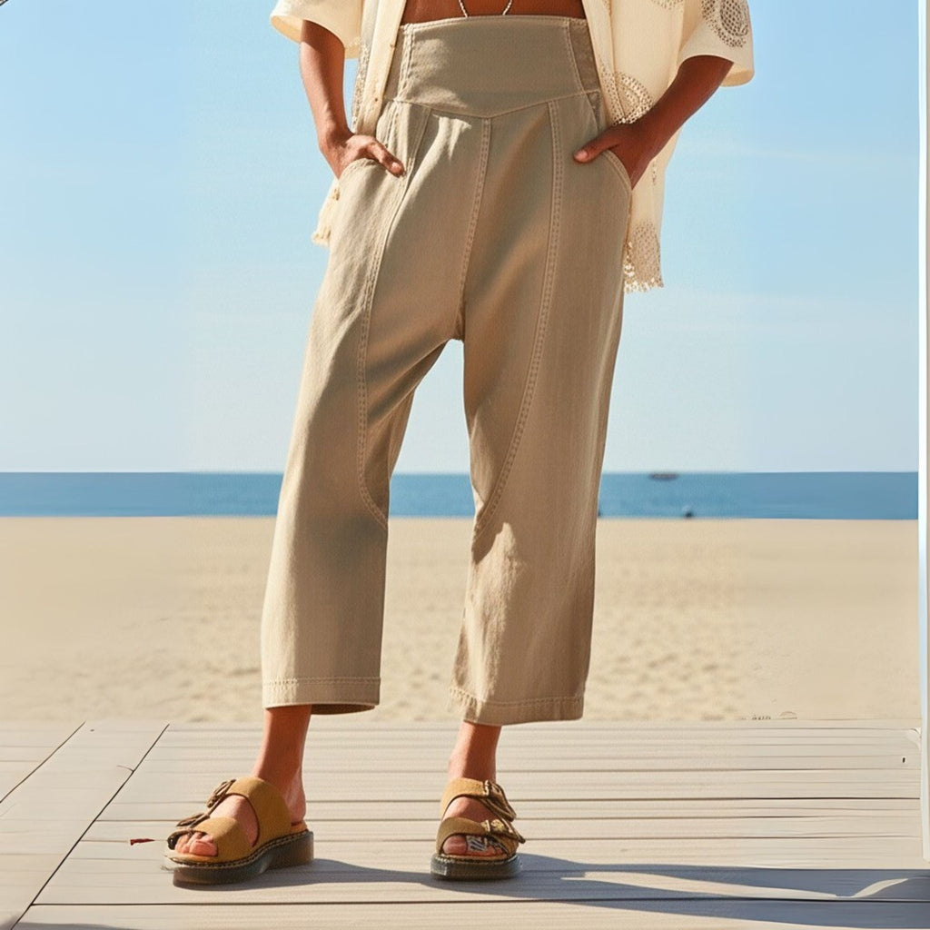 Women's Relaxed Linen Pants - Cropped Wide Leg Trousers