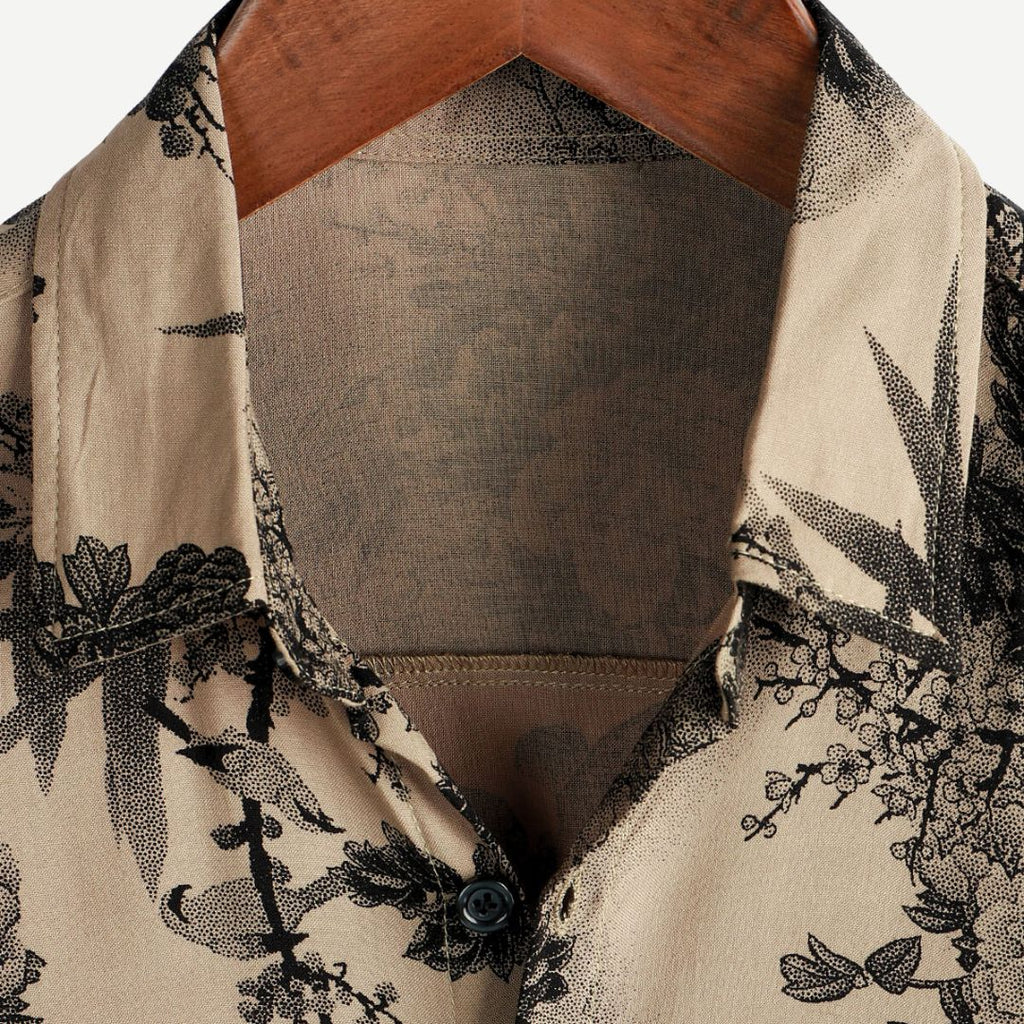 Men's Floral Shirt - Beige Botanical Print Short Sleeve