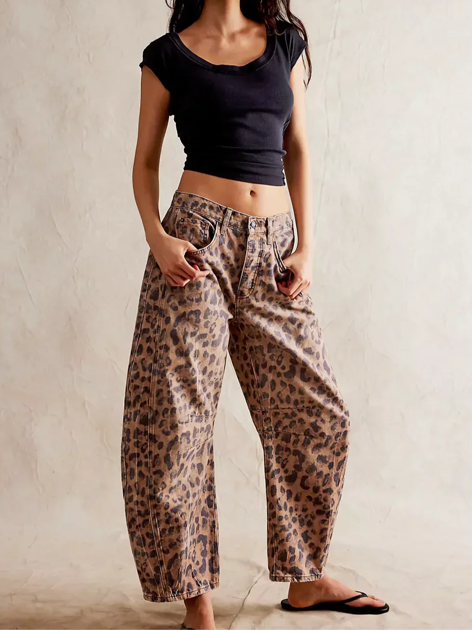 Women's Leopard Print Wide Leg Jeans - High Rise Denim