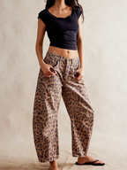 Women's Leopard Print Wide Leg Jeans - High Rise Denim