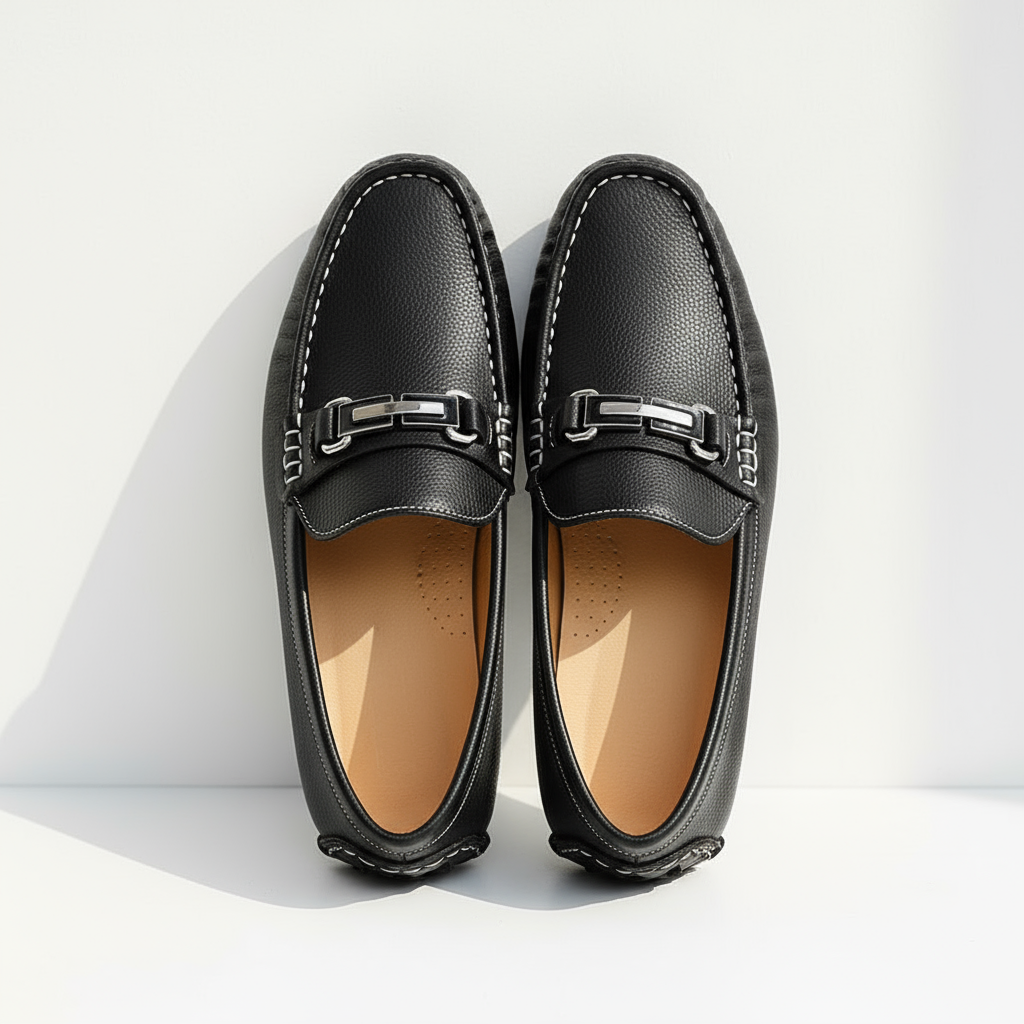 Men's Genuine Leather Loafers - Metal Clasp Slip Ons