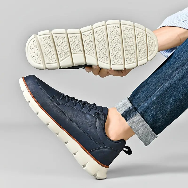 Men's Navy Leather Sneakers - Lace Up Fashion Shoes